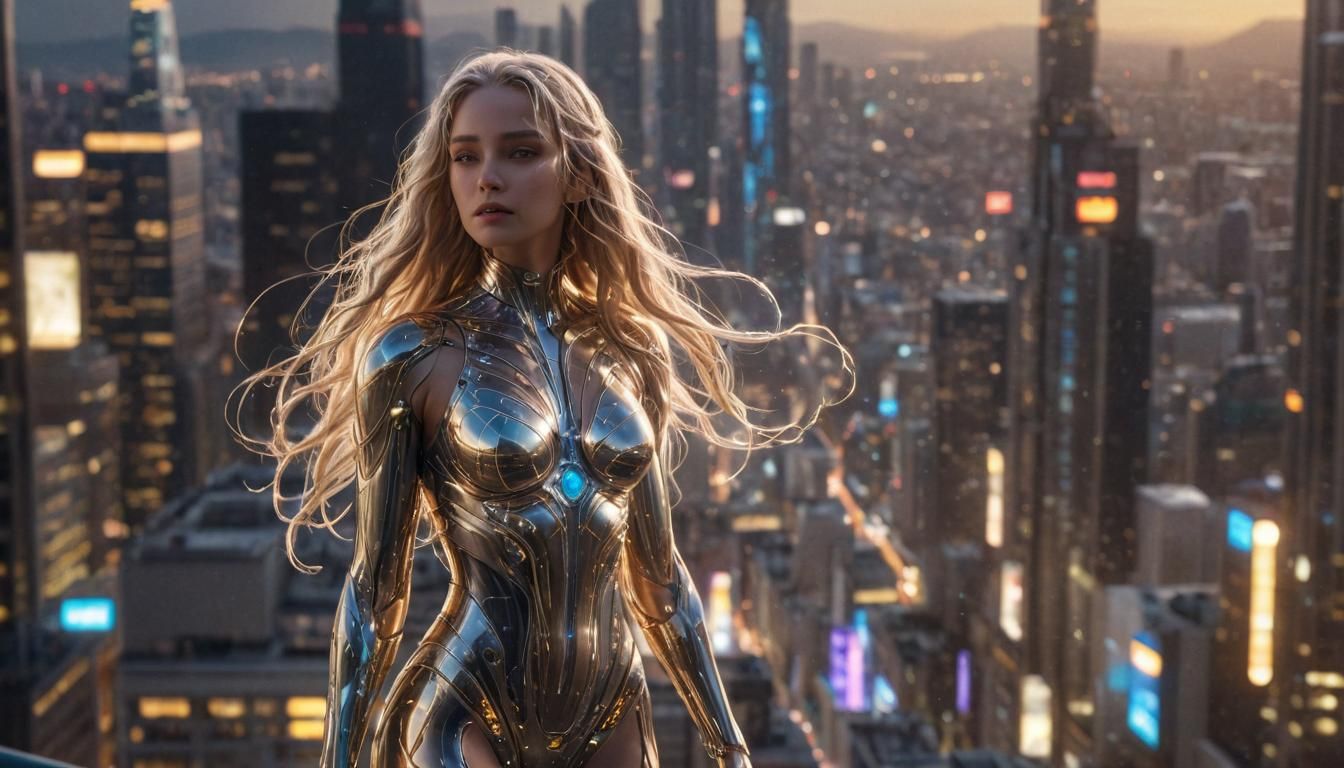 Cyber Girl Made of Optical Fiber in Gleaming Cityscape