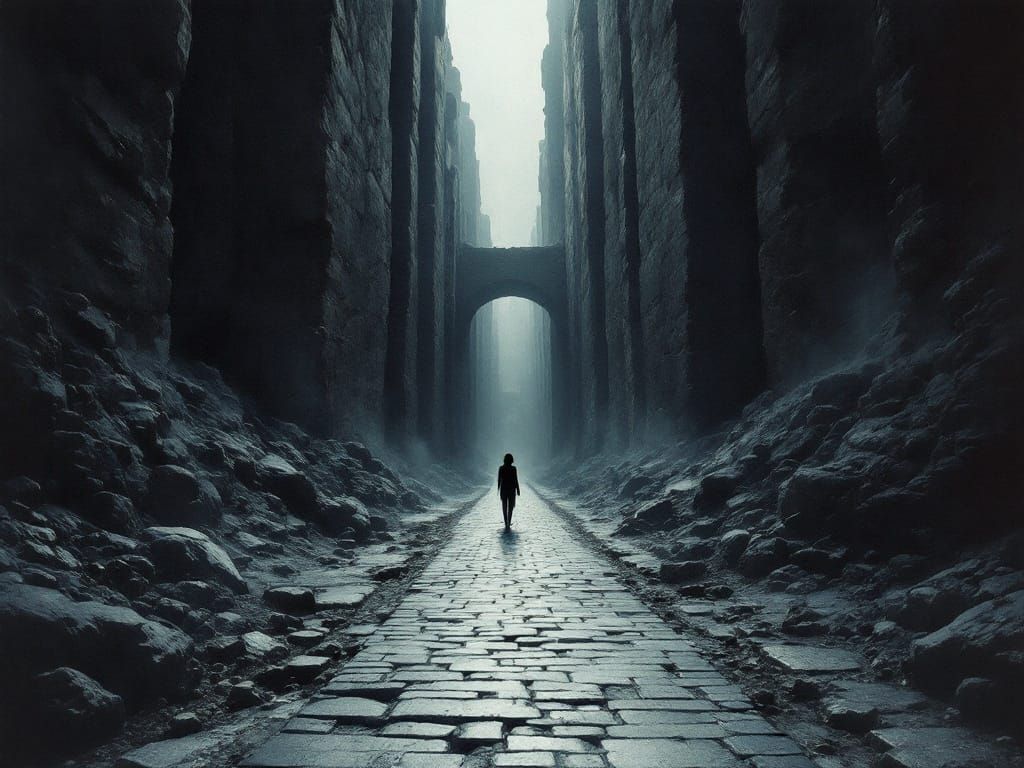 Mysterious Art Deco Cave in Dark, Misty Interior