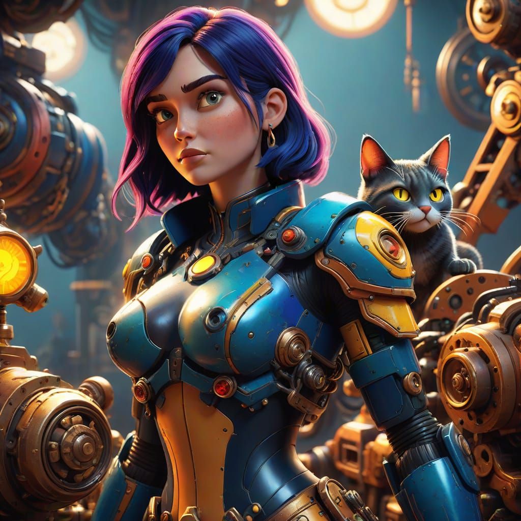 Cyberpunk Warrior Goddess with Feline Companion