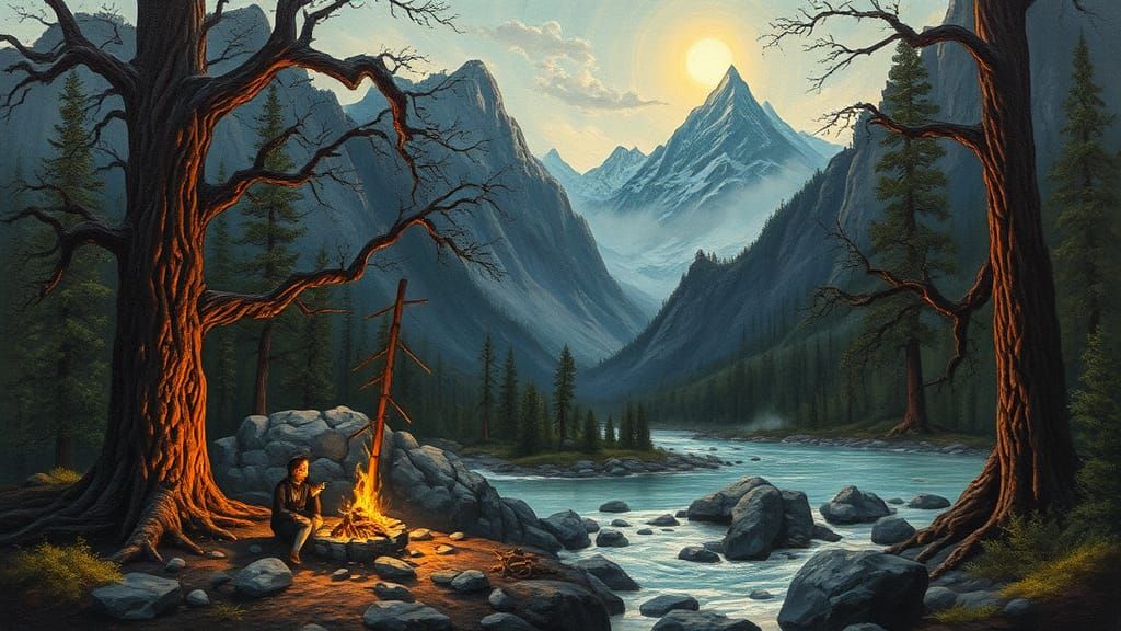 Eerie Campsite by Mountain River in Impasto Style