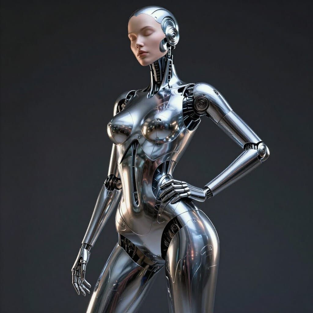 A sleek curvy female woman robot with a metal featureless face. The scene is dimly lit, focusing on the intricate detail...