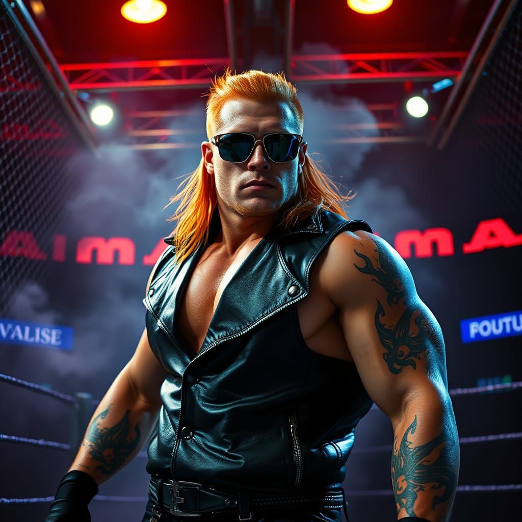Cyberpunk Wrestler with Flame Tattoos in Steel Cage