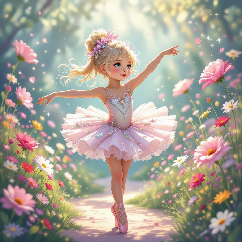 Girl Pirouettes in Jewel-Encrusted Tutu Amidst Magical Flowe...