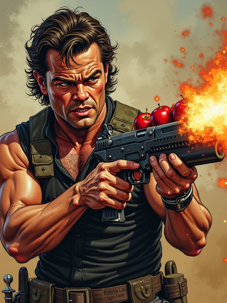 Rambo Firing Apples in Comic Book Style