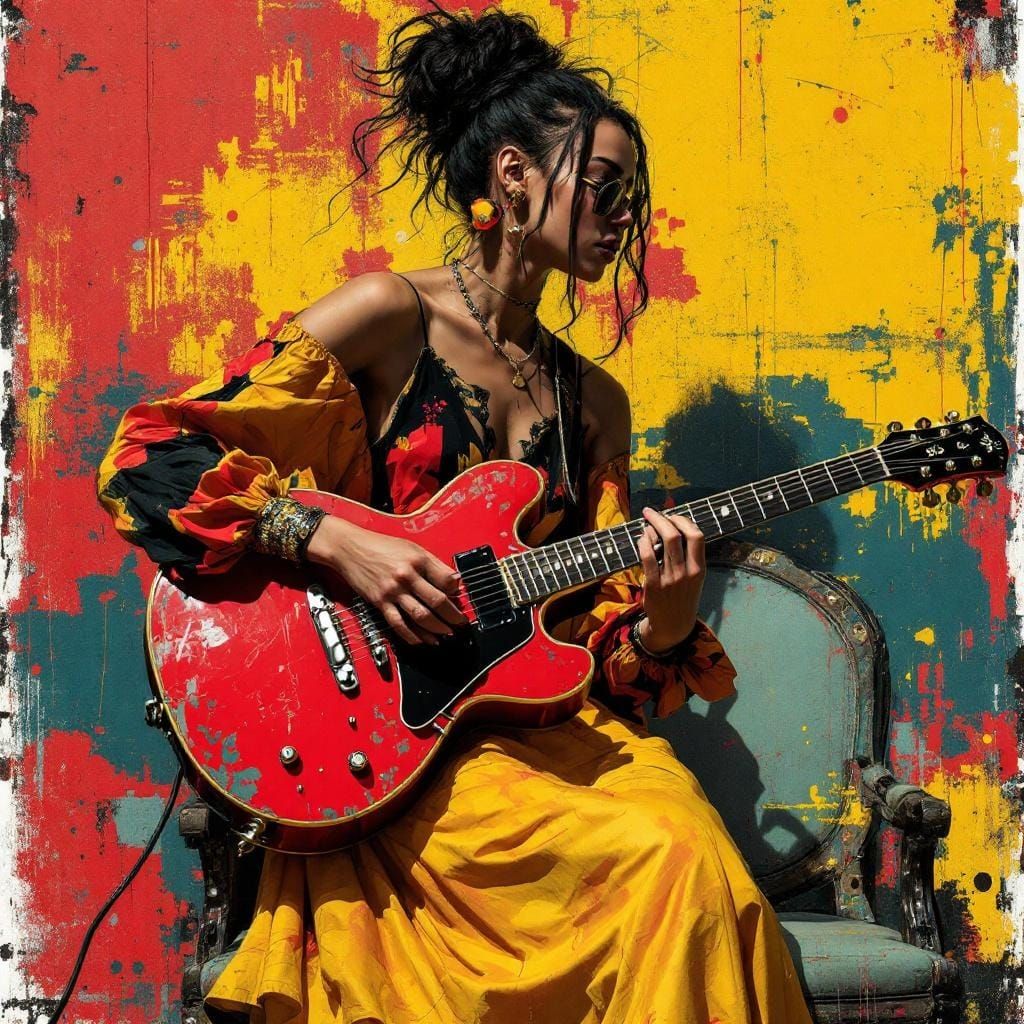 Woman in Yellow Dress Plays Red Guitar