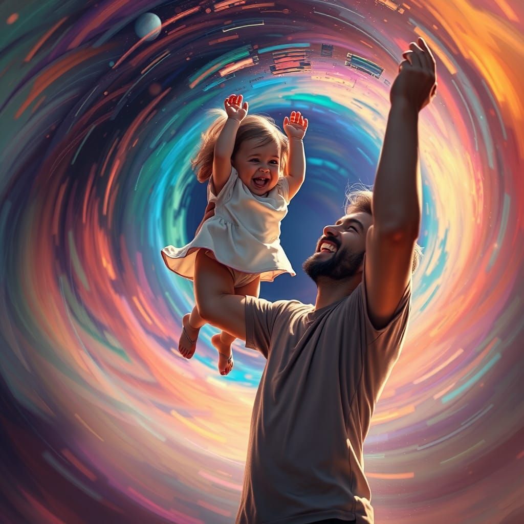 Joyful Father and Daughter in Surreal Futurism