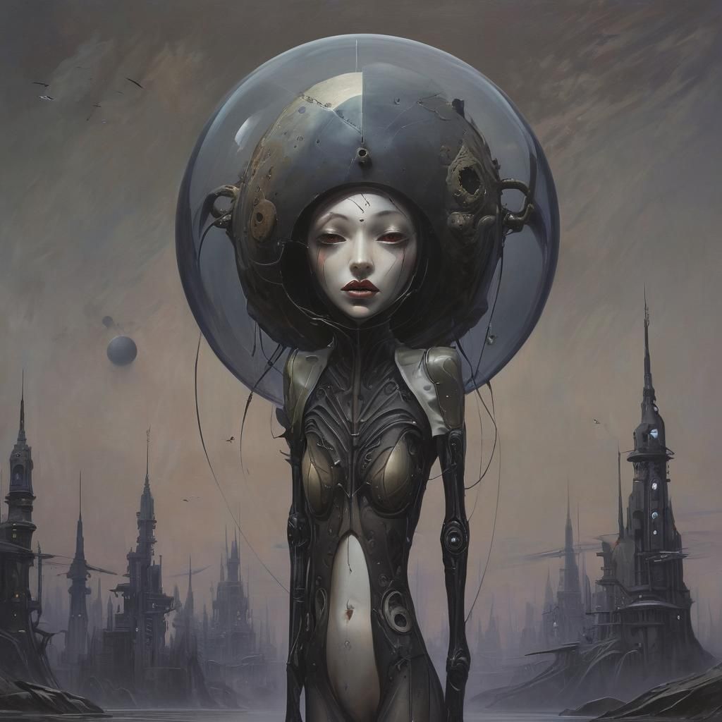 Dark Gothic Sci-Fi Painting in Jim Burns Style
