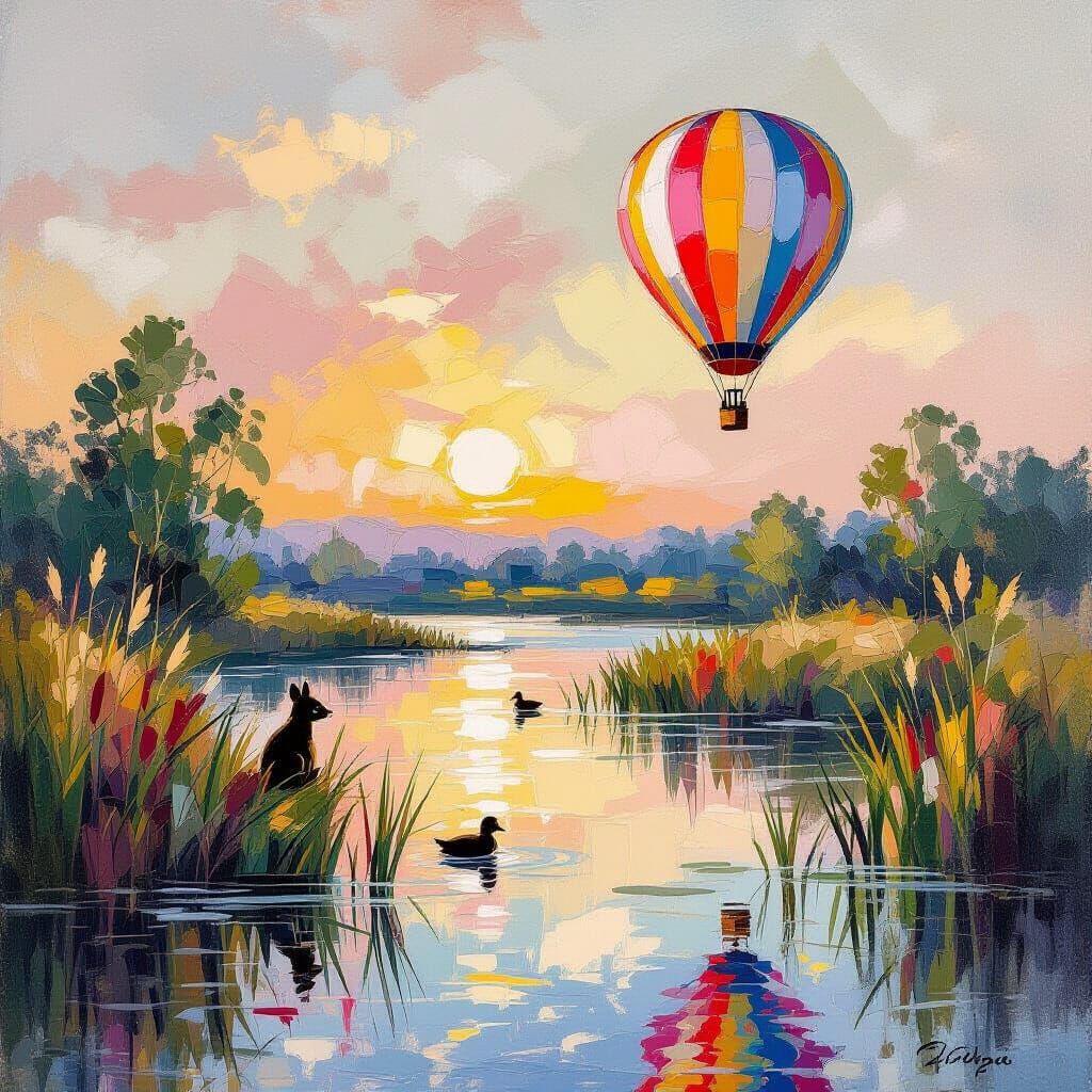 Twilight Riverside Scene in Impressionistic Acrylic Style