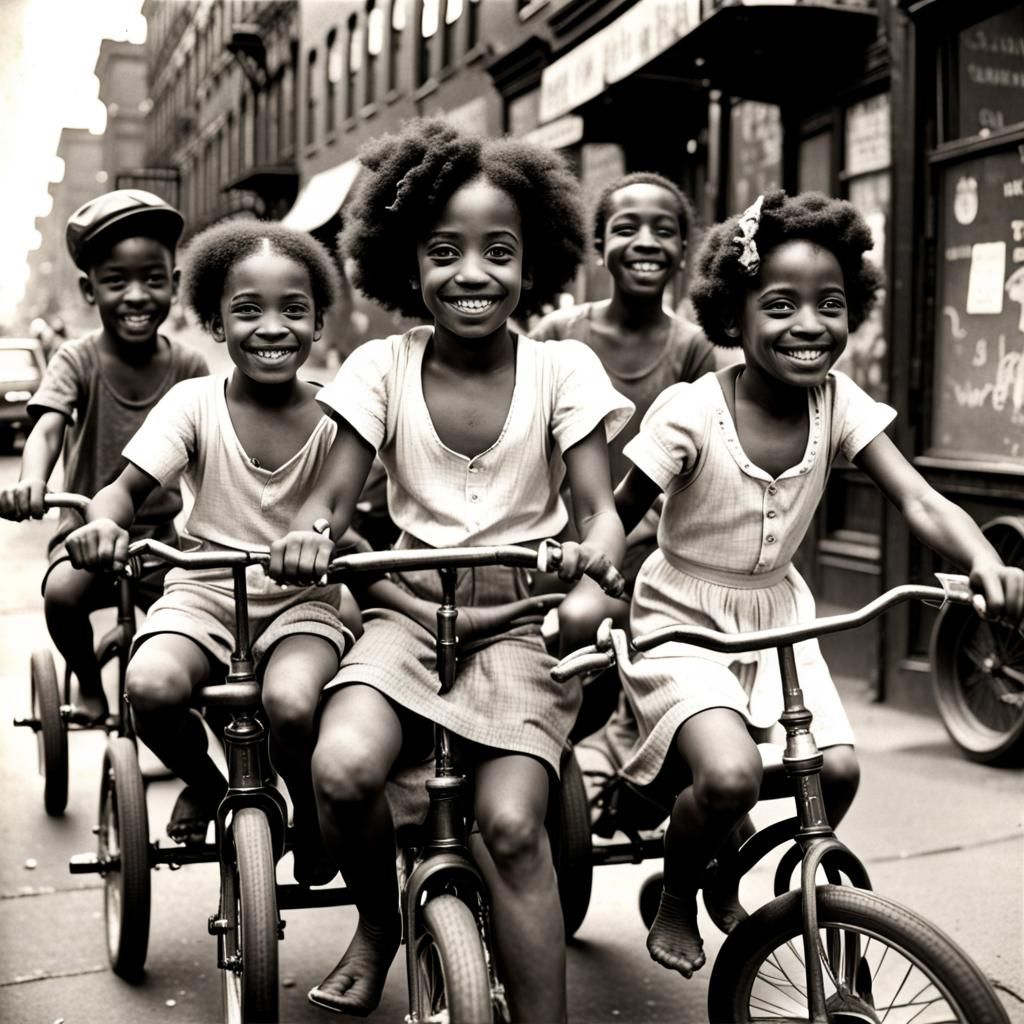 Children on Tricycles in 1930s Brooklyn: Burton Style
