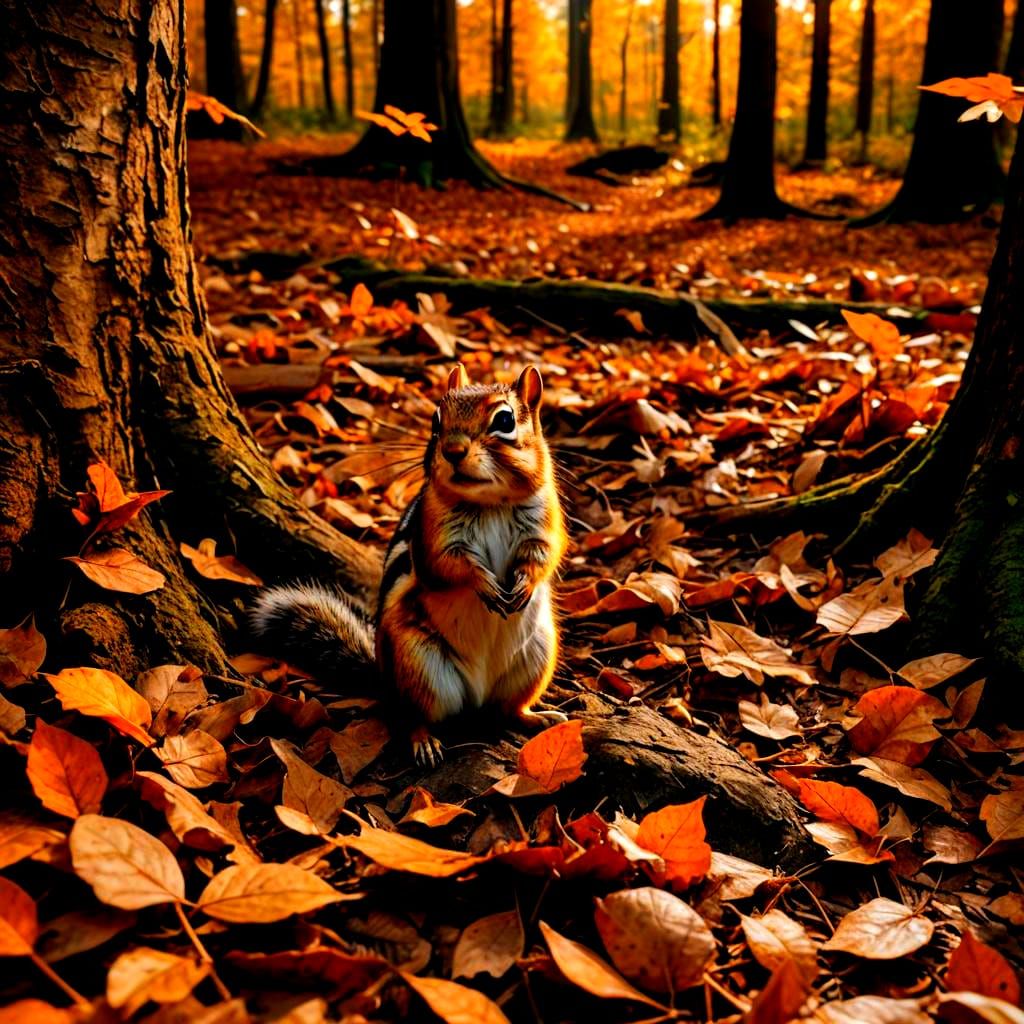 Chipmunks Play in Autumn Forest Wonderland