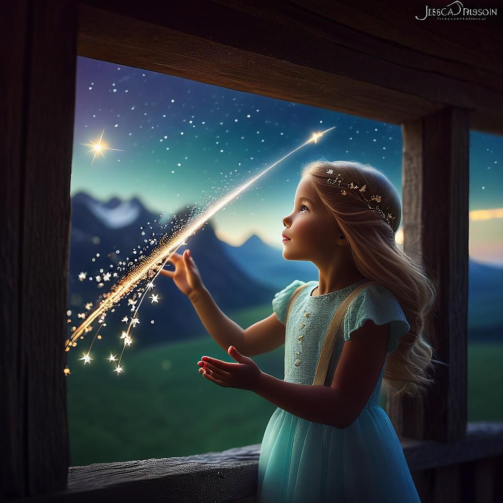 Girl Reaching for a Shooting Star in Fantasy Style