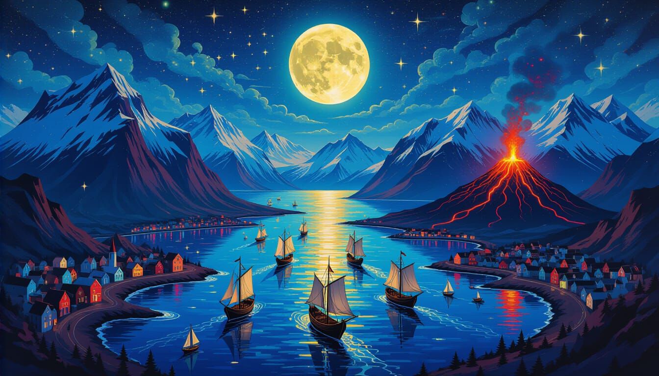 Dark Fantasy Gothic World Map with Viking Ships and Volcano