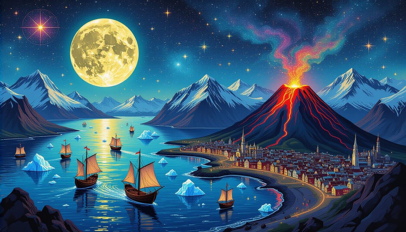 Dark Fantasy Gothic World Map with Viking Ships and Volcano