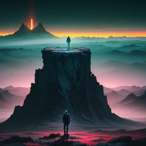 Lone Nomad in Neon-Lit Alien Landscape