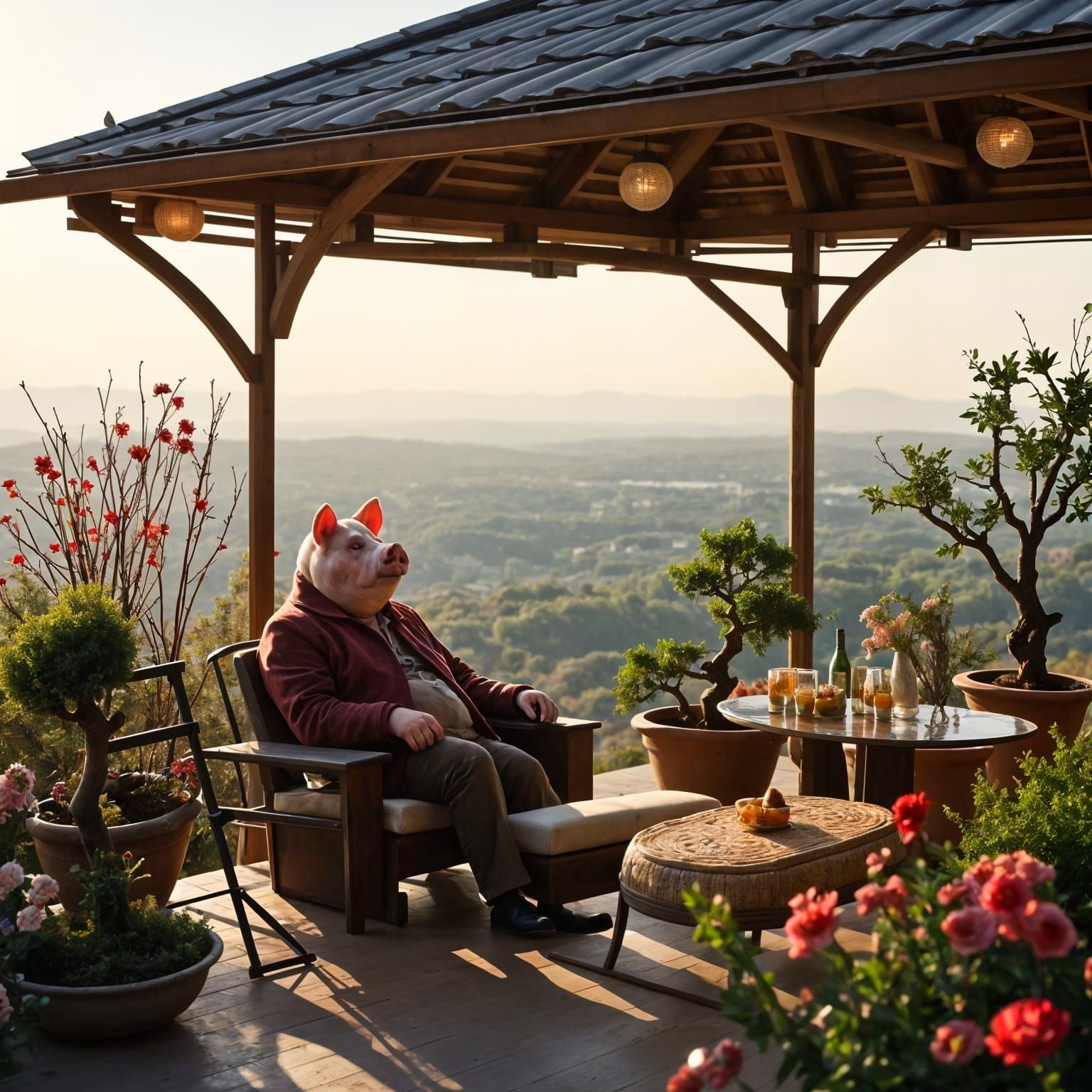 Cosy Loggia with City Views and Man with Pig Head