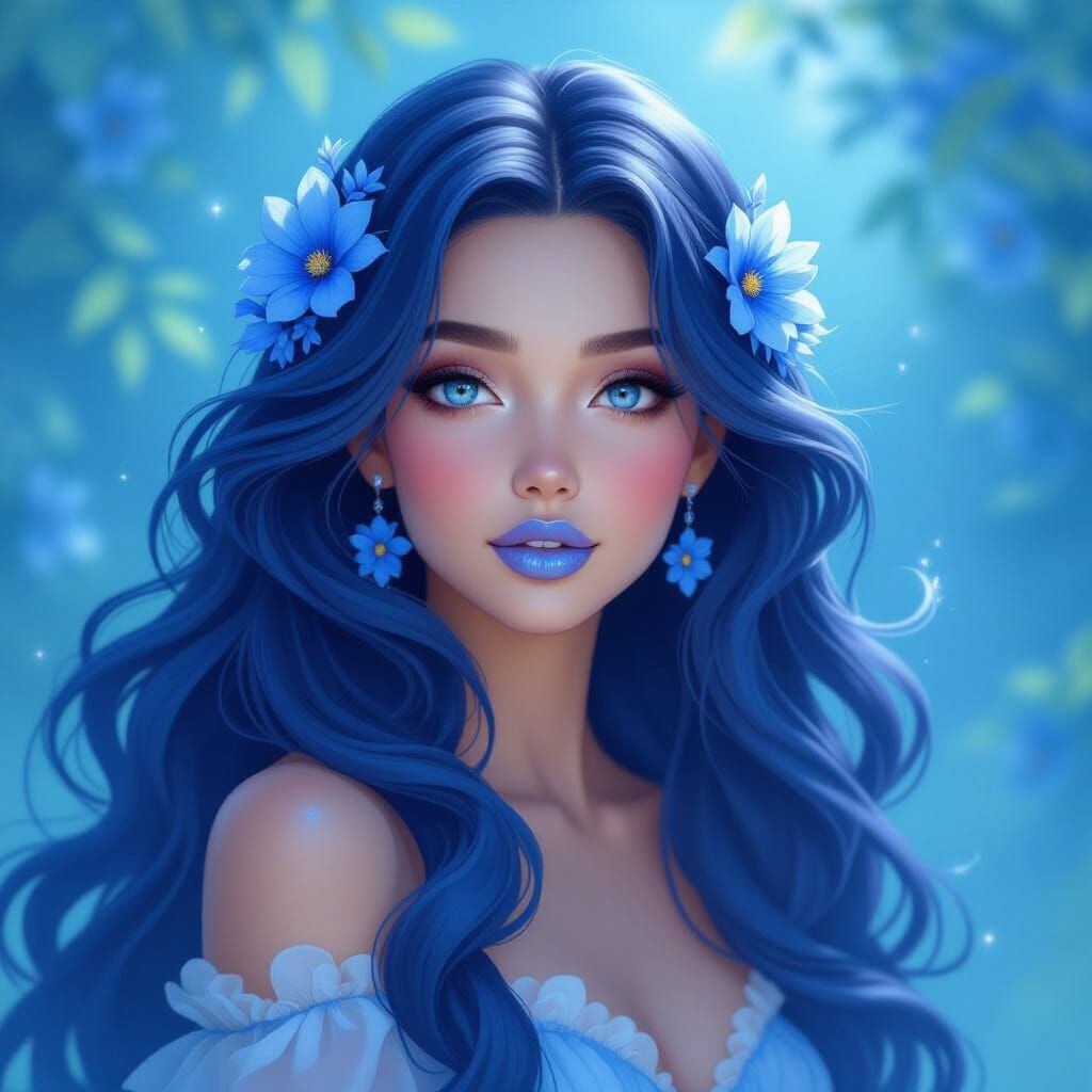 Fantasy Fairytale Woman With Blue Hair And Flowers