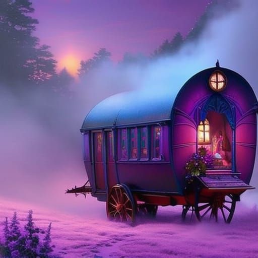 Purple Gypsy caravan wagon house& gothic vibes& fantasy vibes& ethereal vibes& magical vibes& witchy vibes& Gypsy vibes&...