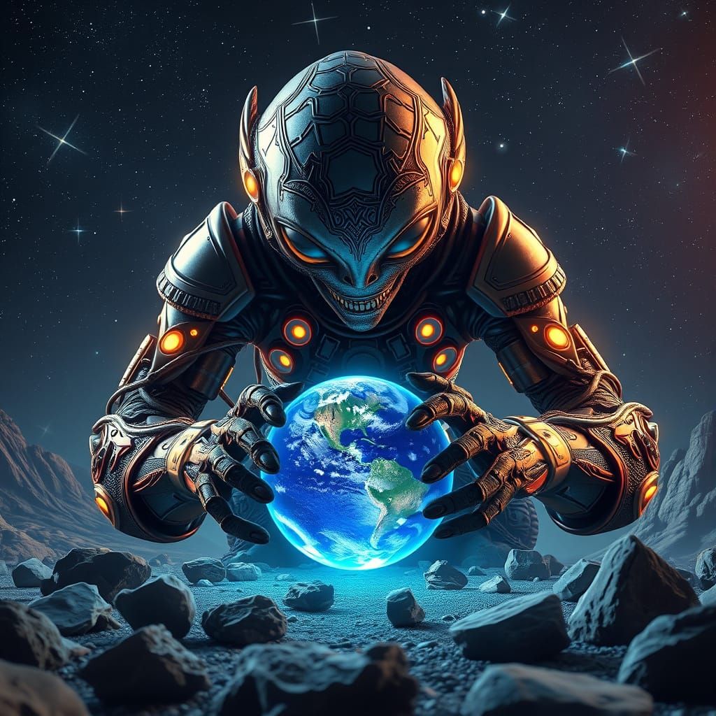 Giant Alien Plays Marbles with Earth in Starlit Galaxy