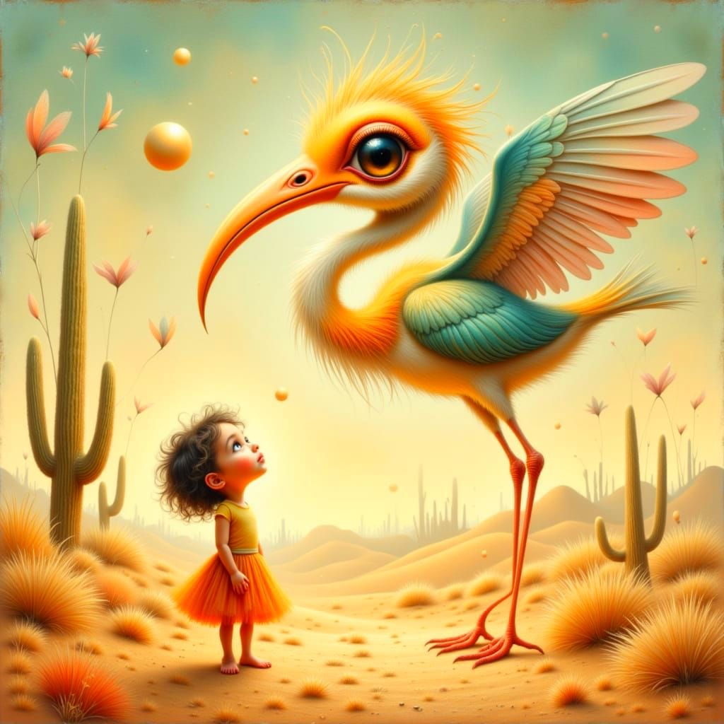 Enchanted Desert Encounter with a Majestic Golden Bird