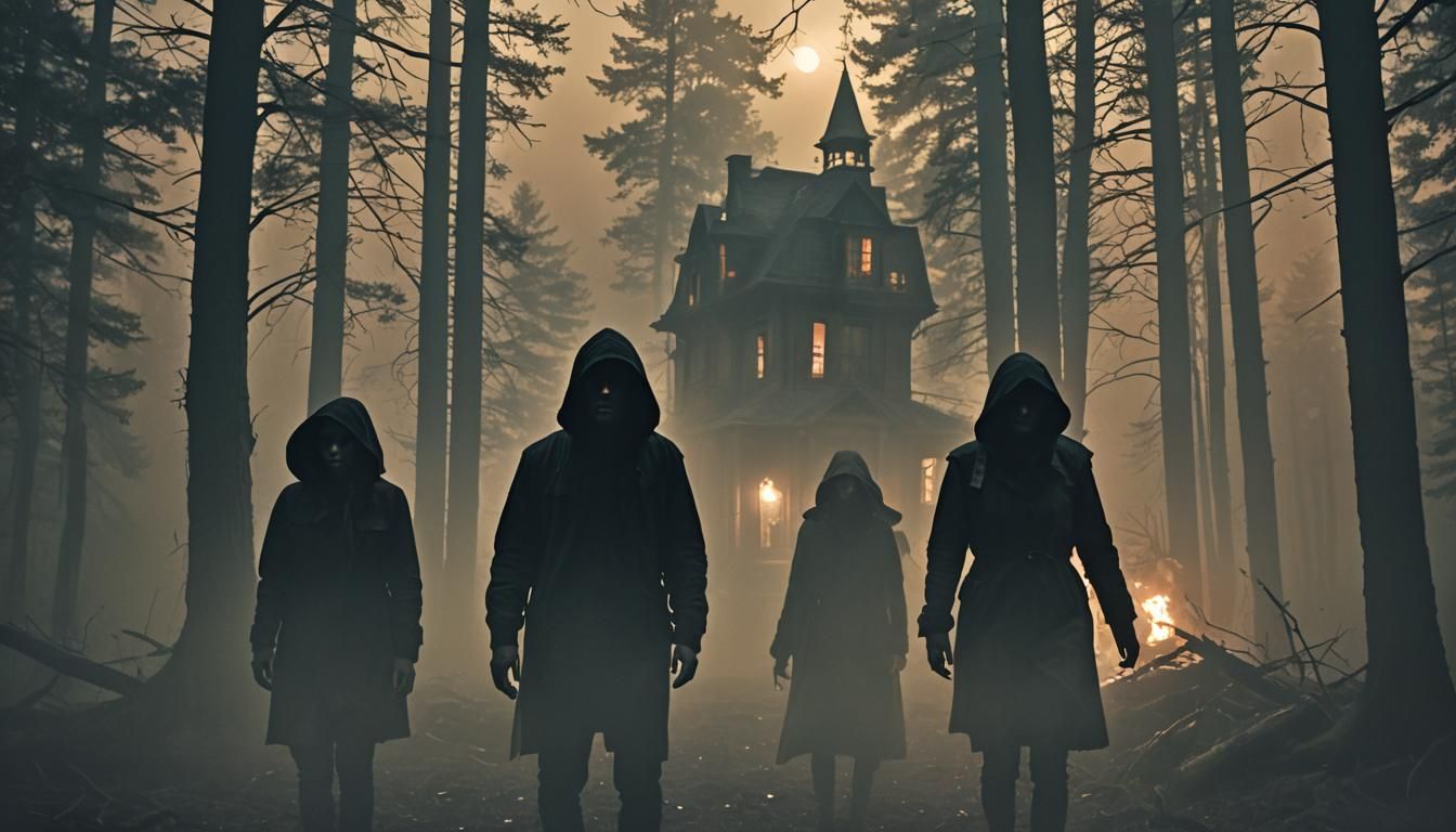 Ominous Mansion in Misty Forest: Dark Fantasy Illustration