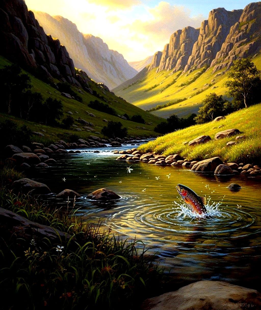Serene River Valley with Mayflies and Trout