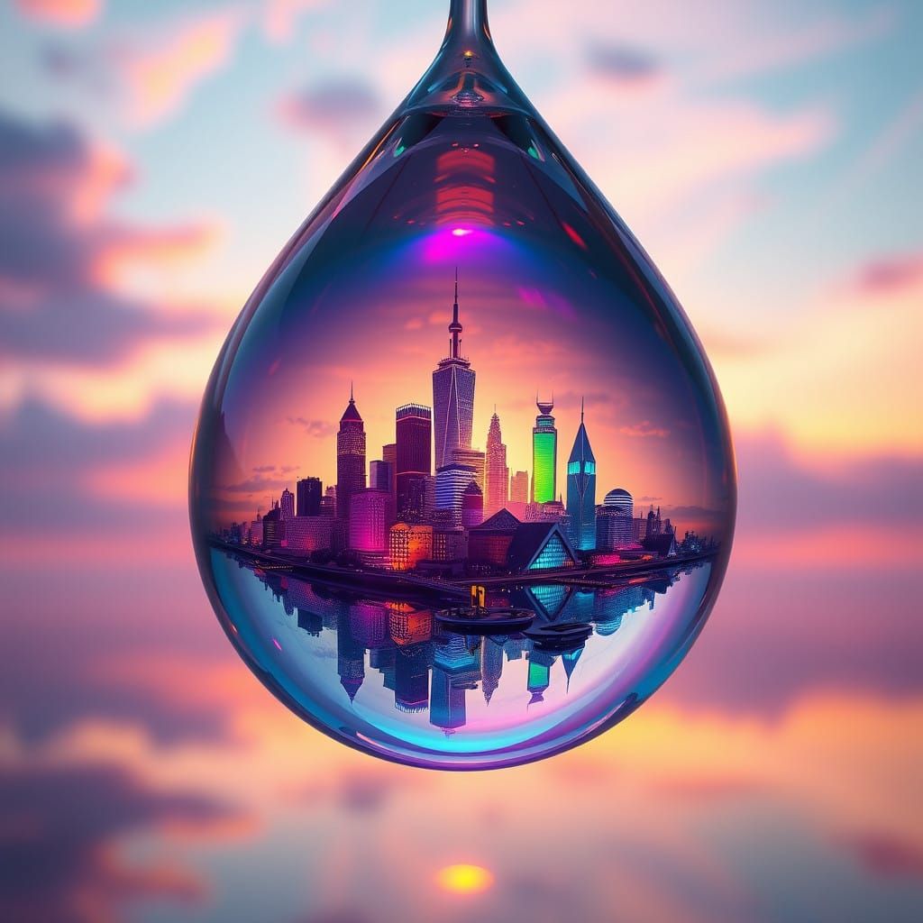 Surreal Cityscape Refracting Light Within Crystal Water Drop...