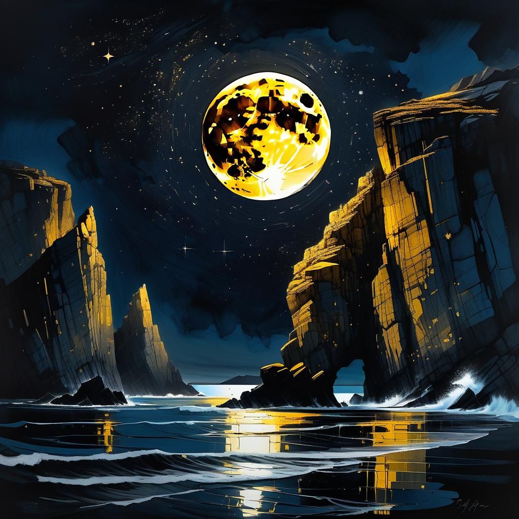 Golden Moon Over Rocky Coastline in Ink Painting Style