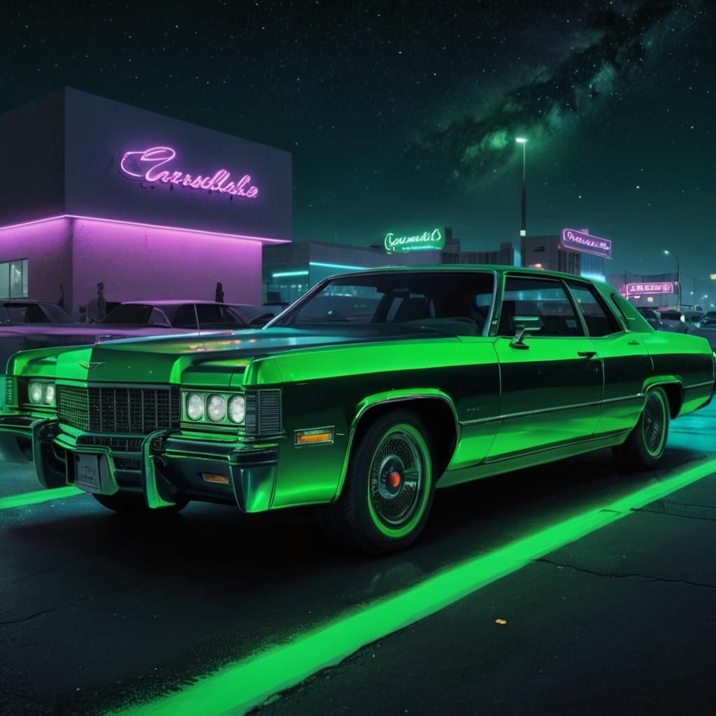 A hyper-realistic green neon Cadillac