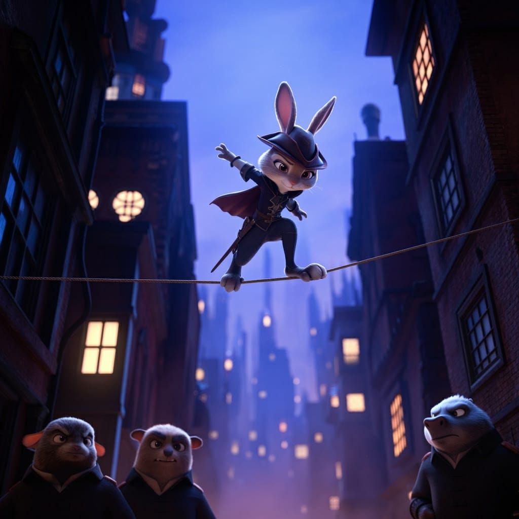 Cute Anthropomorphic Bunny Escapes on Tightrope