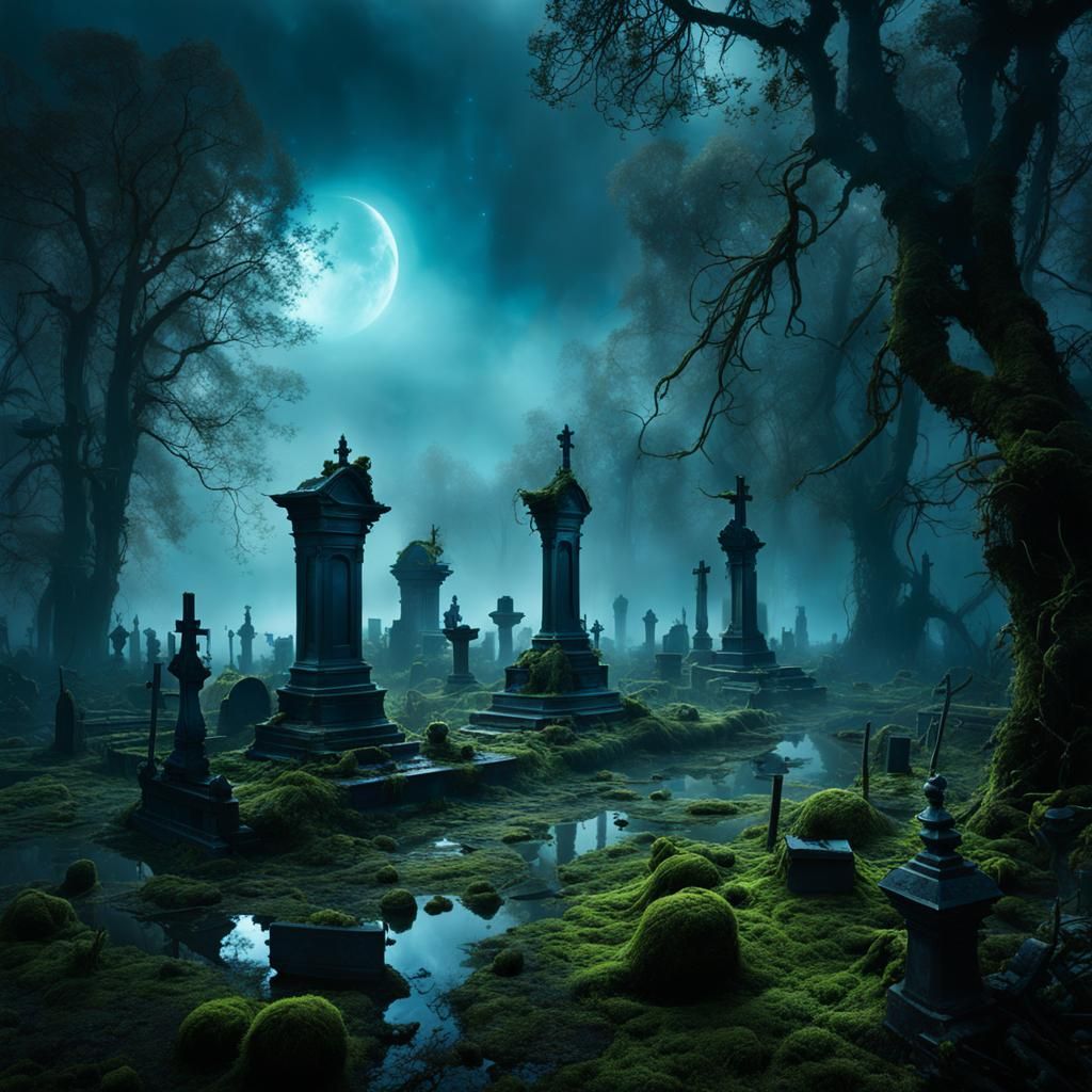 Ethereal Swamp Graveyard with Blue Light Spirits