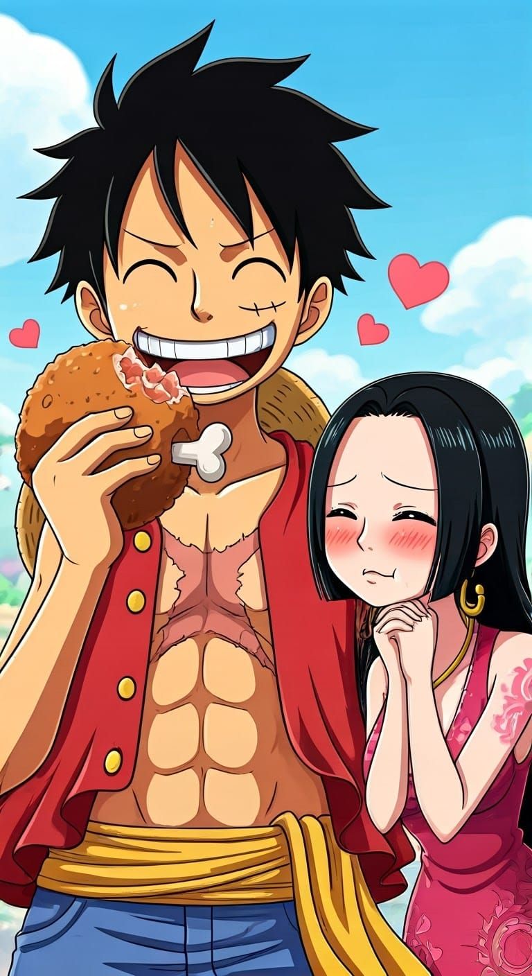 Luffy Enjoys Meatball Bliss with Boa Hancock in Kawaii One P...