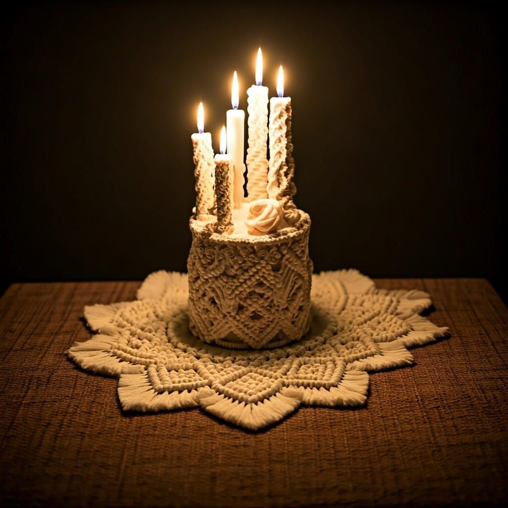 Macrame Candle Cake on Woven Fabric