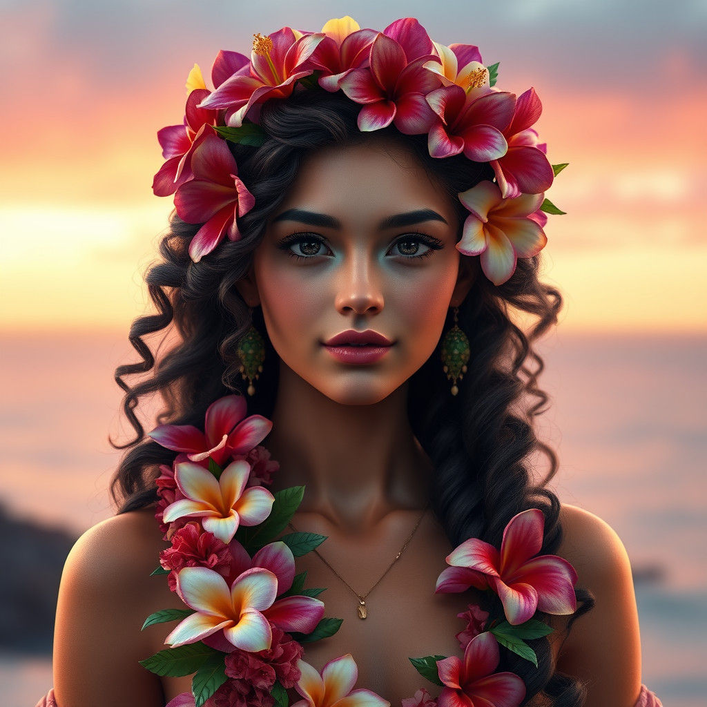 Hawaiian Flower Girl Portrait in Art Nouveau Style