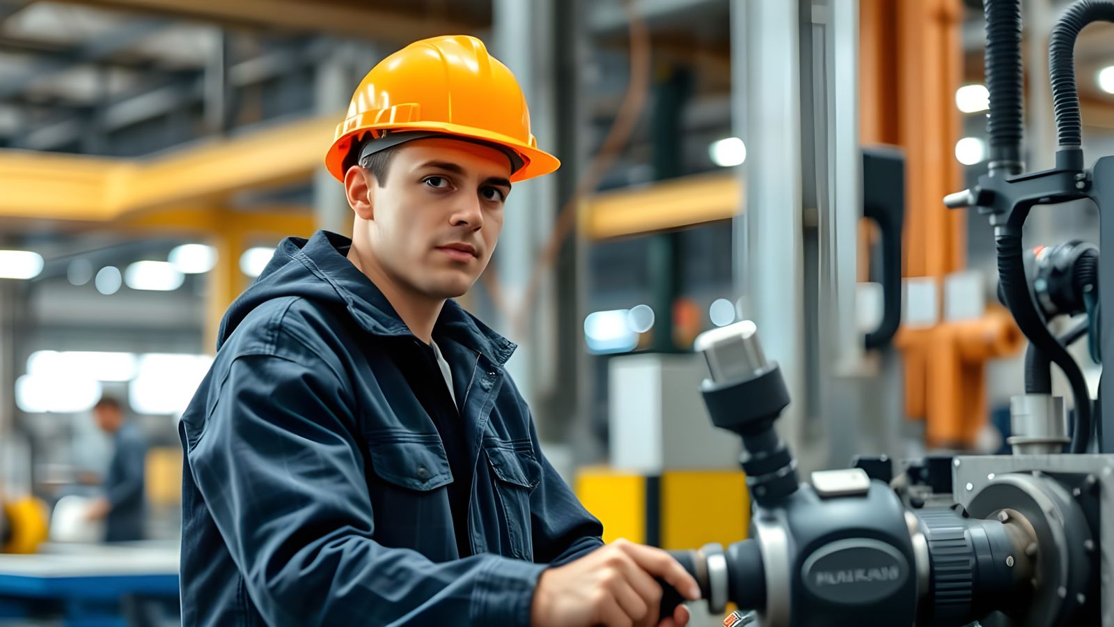 Operator of machine. Industrial worker indoors in factory. Y...