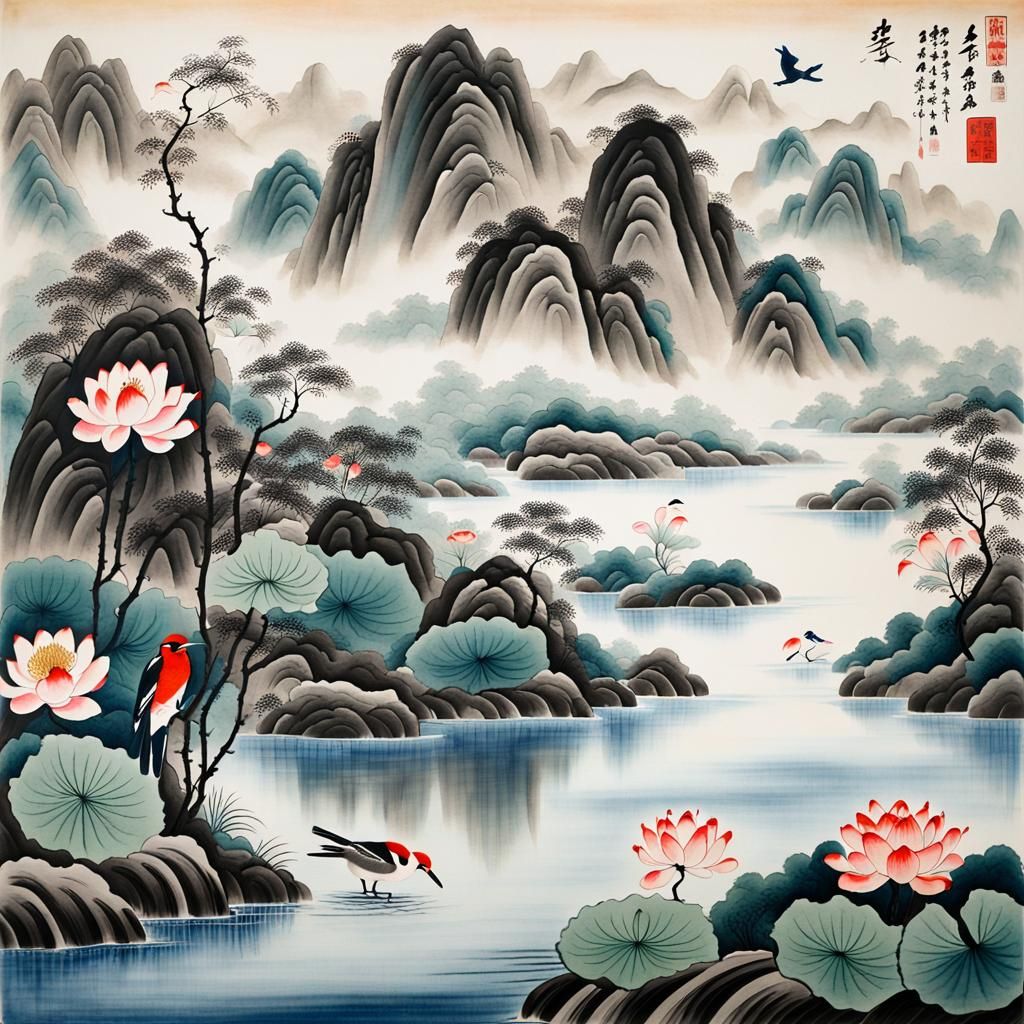 Chinese Flower-and-Bird Painting with Lotus and Birds