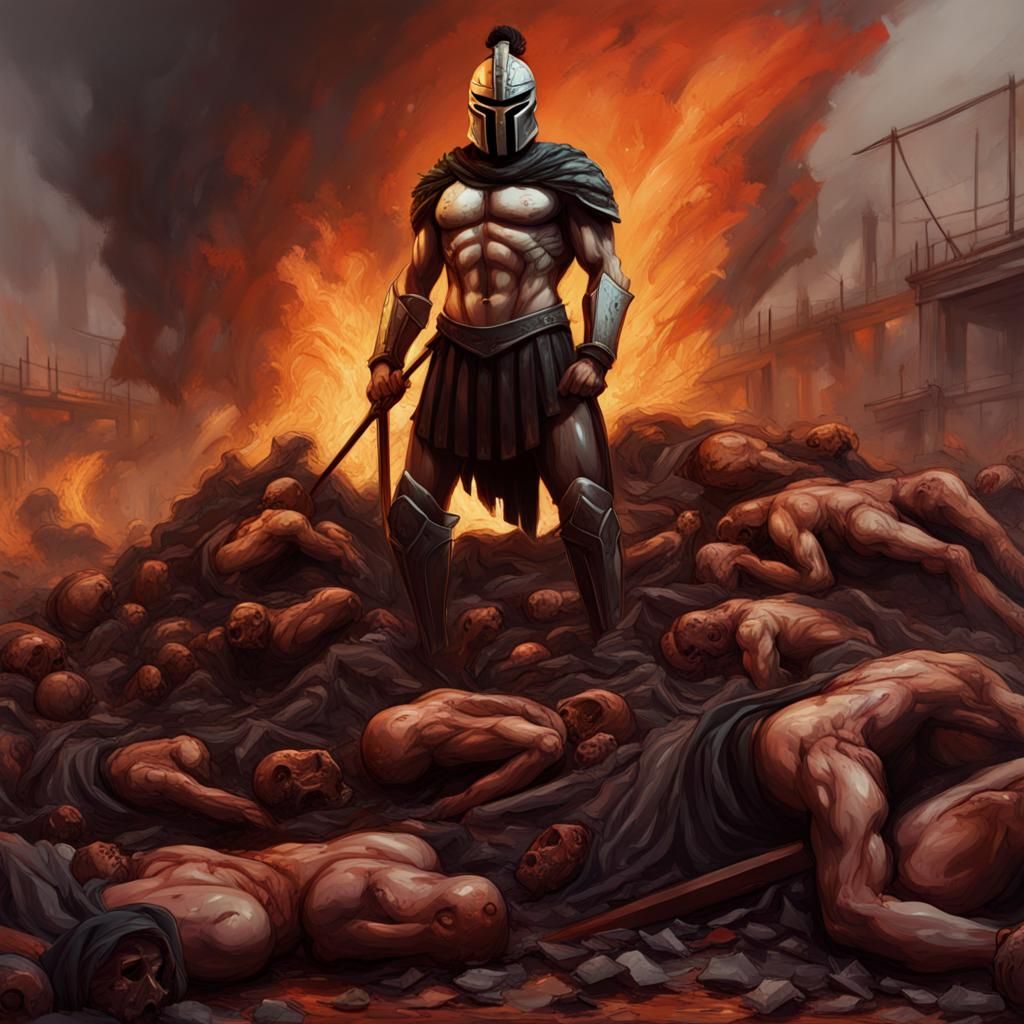 Spartan Warrior in a Burned City: Hyperrealistic Art