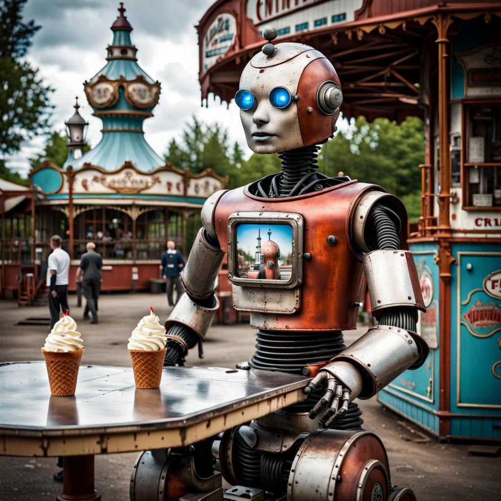 Victorian Robot Selling Ice Cream in Hyperrealistic Style