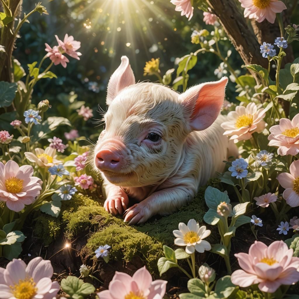 Cute Piglet Sleeps in Enchanted Garden: Oil Painting
