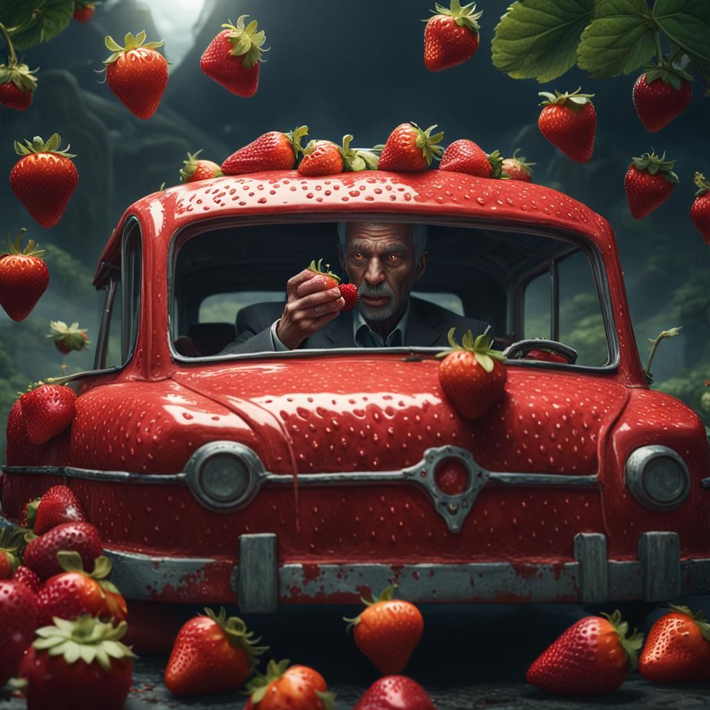 Man in Car Eating Strawberry: Detailed Matte Painting