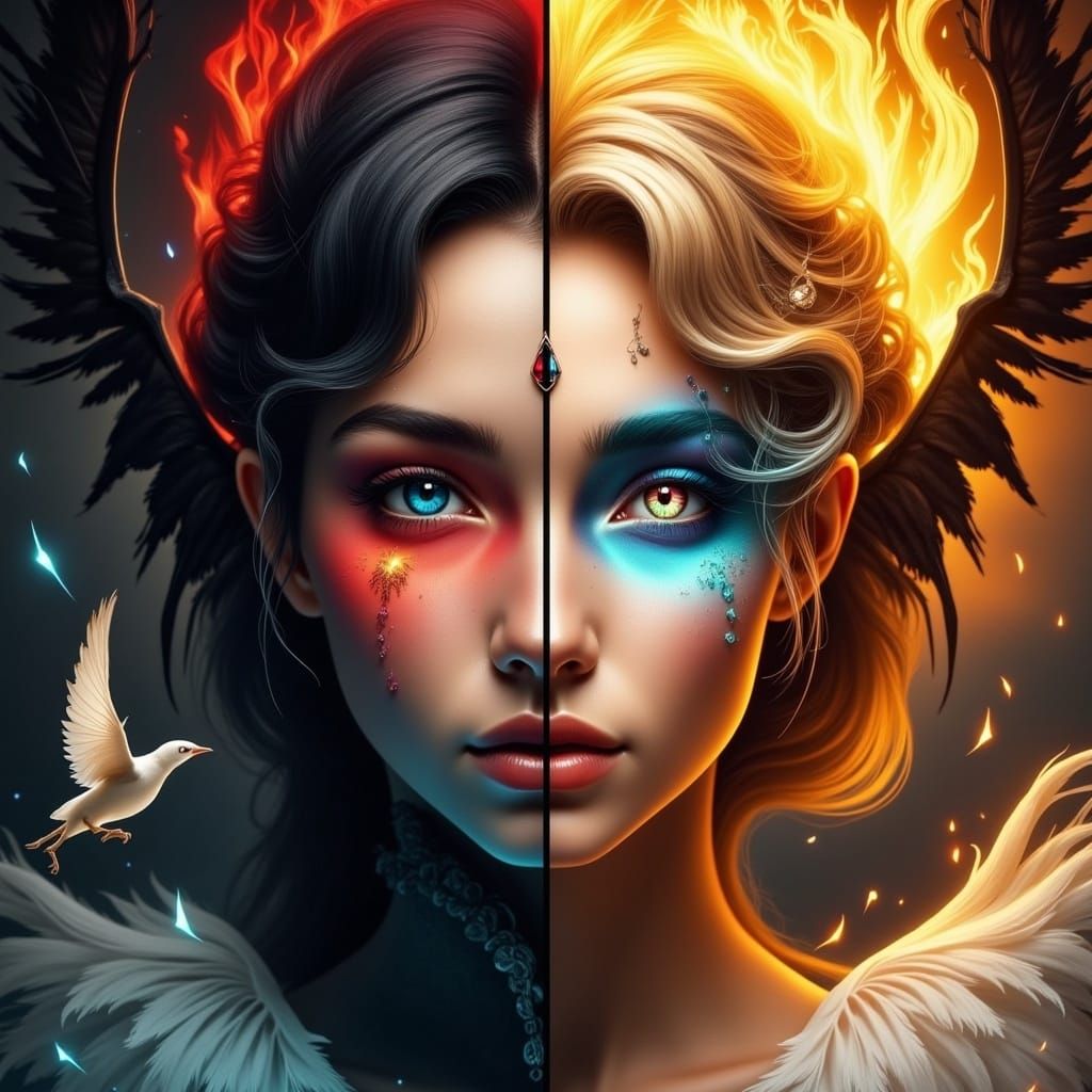 Angel-Demon Hybrid Goddess in Cosmic Harmony