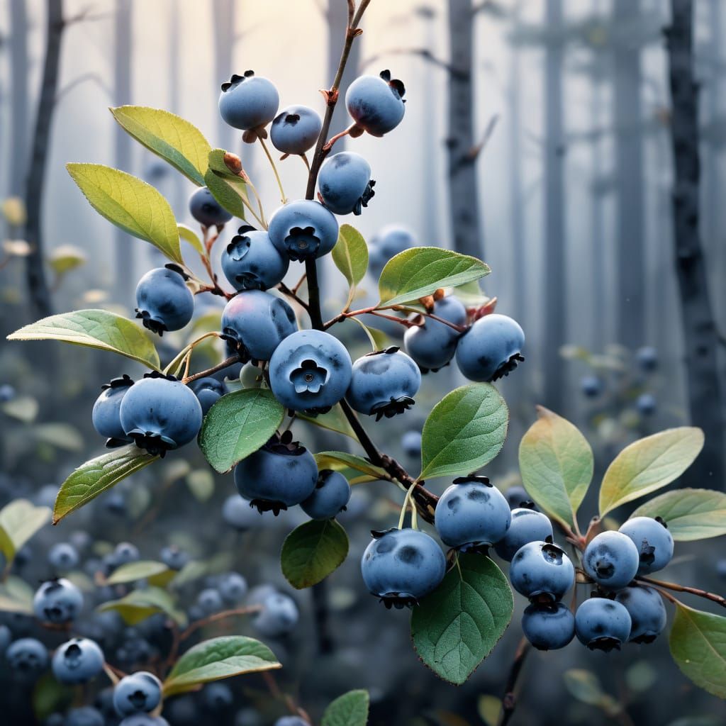 Hyperrealistic Watercolor Blueberry Bush in Forest