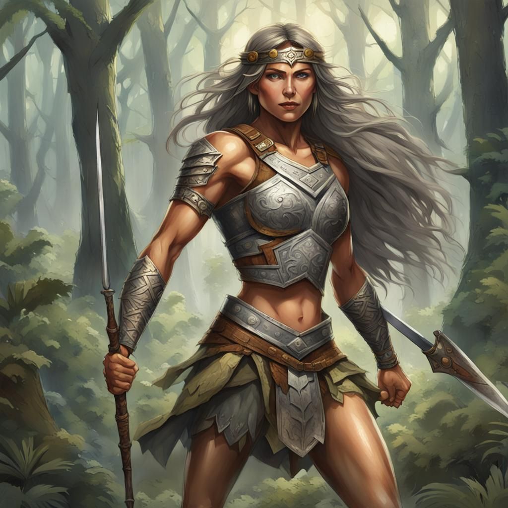 Amazon Warrior with Shield and Spear in Forest