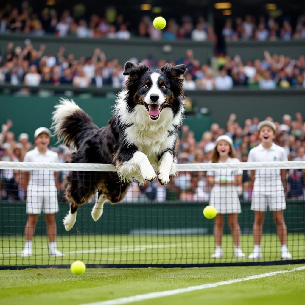 Border Collie Chaos at Wimbledon Finals, Whimsical Art