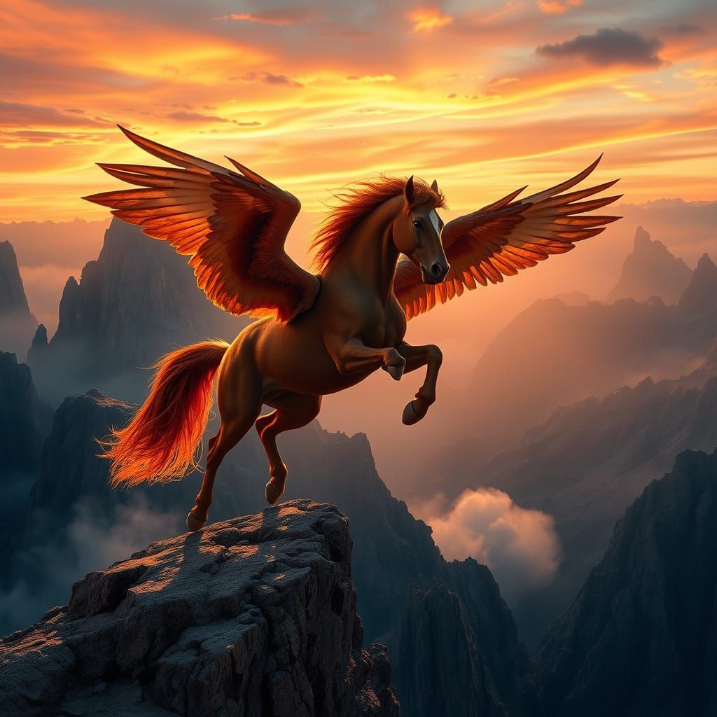 Majestic Brown Pegasus Takes Flight Amidst Crimson Skies