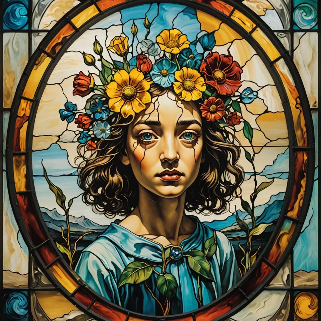 Stained Glass Flower Child in Surrealist Style