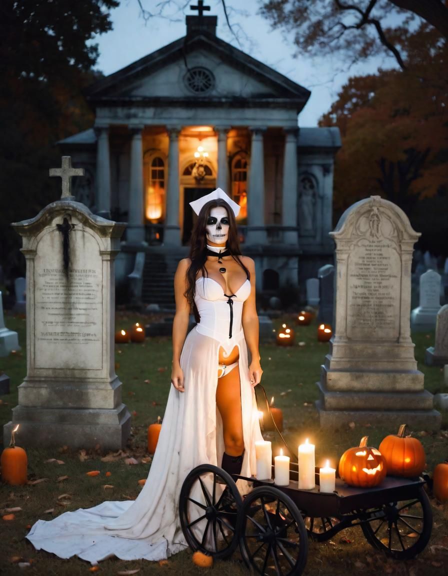 Halloween Nurse in Graveyard with Antique Carriage