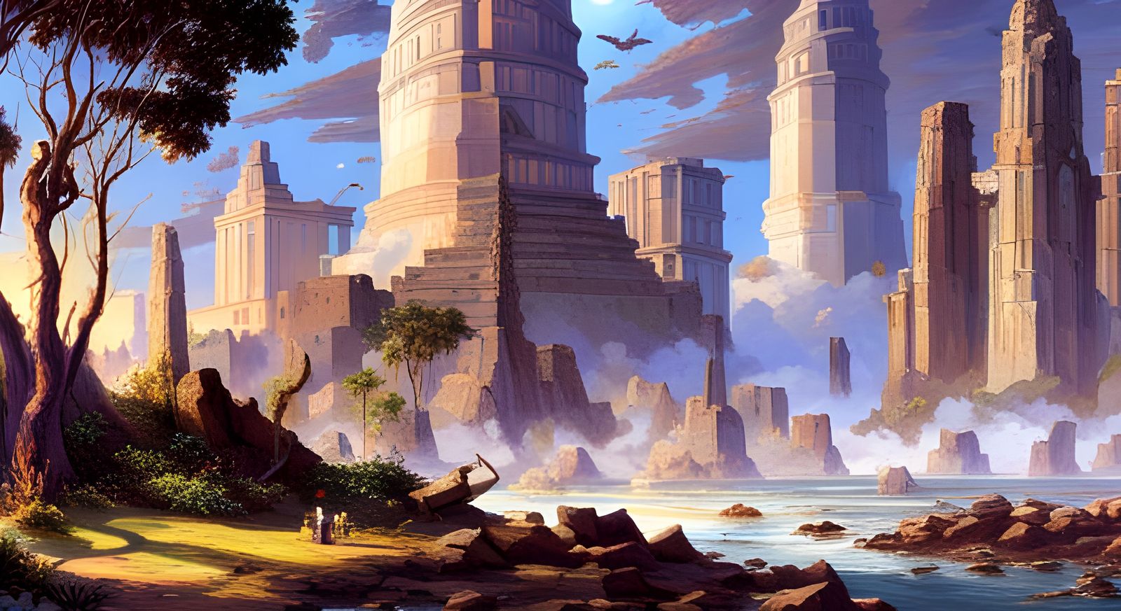 Tropical Mayan Civilization with Spaceships, Golden Age Illu...