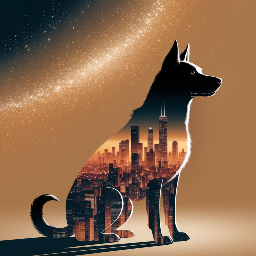Dog Silhouette Filled With Cityscape Under Starry Night Sky