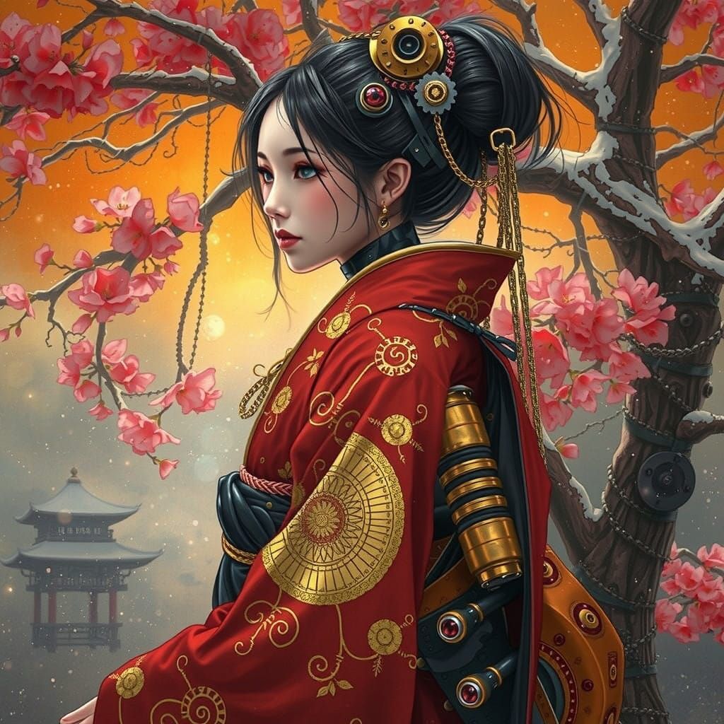 Steampunk Robotic Princess in Winter Wonderland Kimono