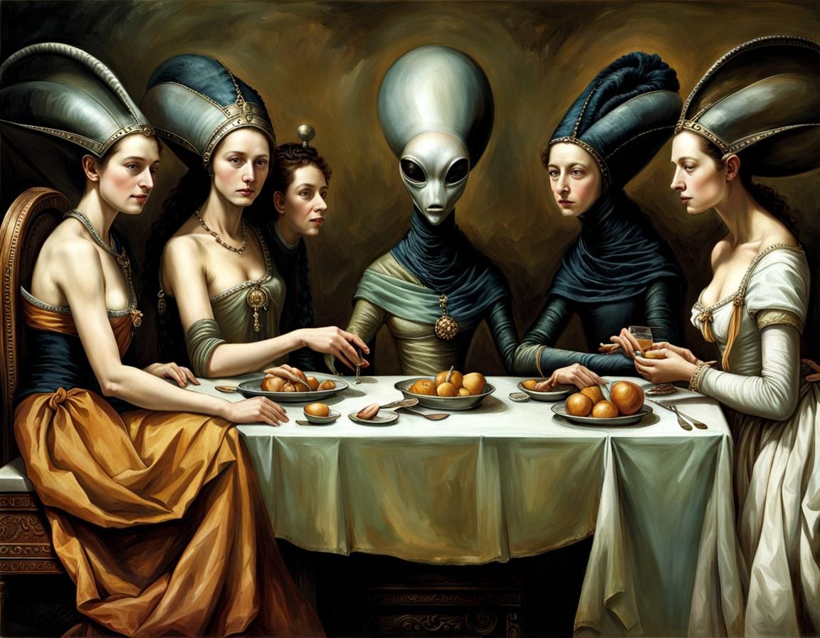 Surreal Restaurant Scene: Exotic Aliens and Humans